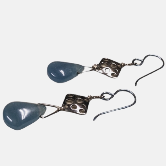 Handmade Aqua Blue Jade Sterling Silver Hypoallergenic Niobium Dangle Earrings - Picture 3 of 5